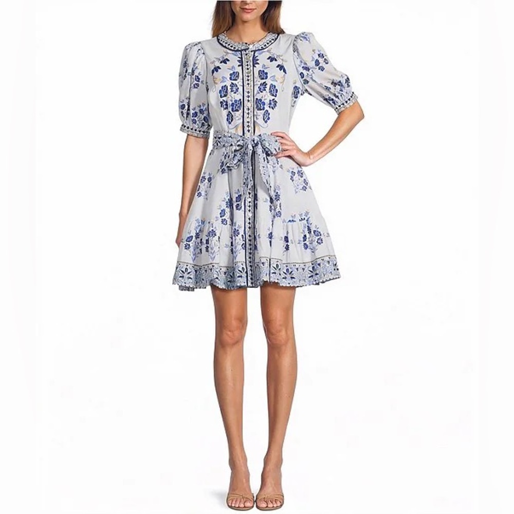 Floral Woven Linen Round Neck Short Bubble Sleeve Button Front Tie at Waist